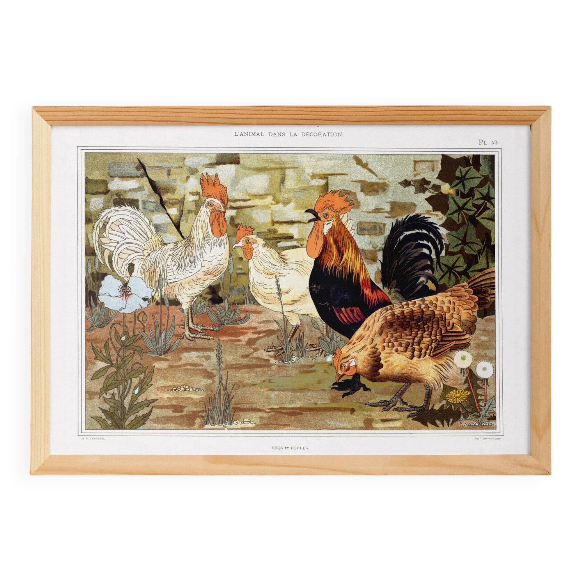 Poster “Roosters and Hens”, after an Art Nouveau lithograph from 1897