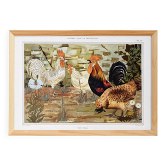 Poster “Roosters and Hens”, after an Art Nouveau lithograph from 1897
