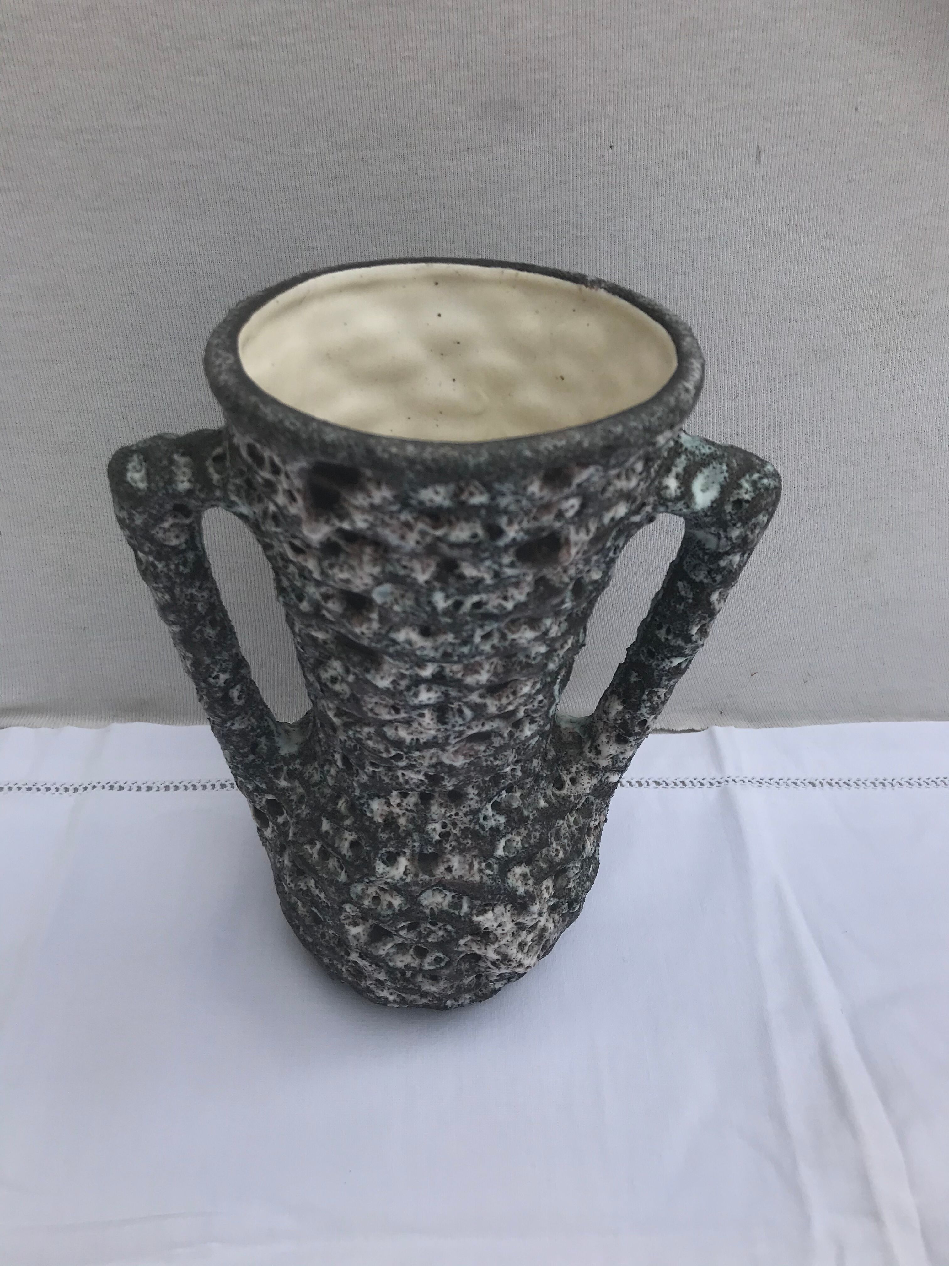 Vintage vase with grey & white skimmer ceramic handles