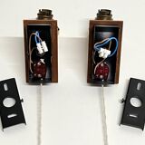 Pair of Scandinavian Wall Lights - Opaline Brass Wood - 50's 60's