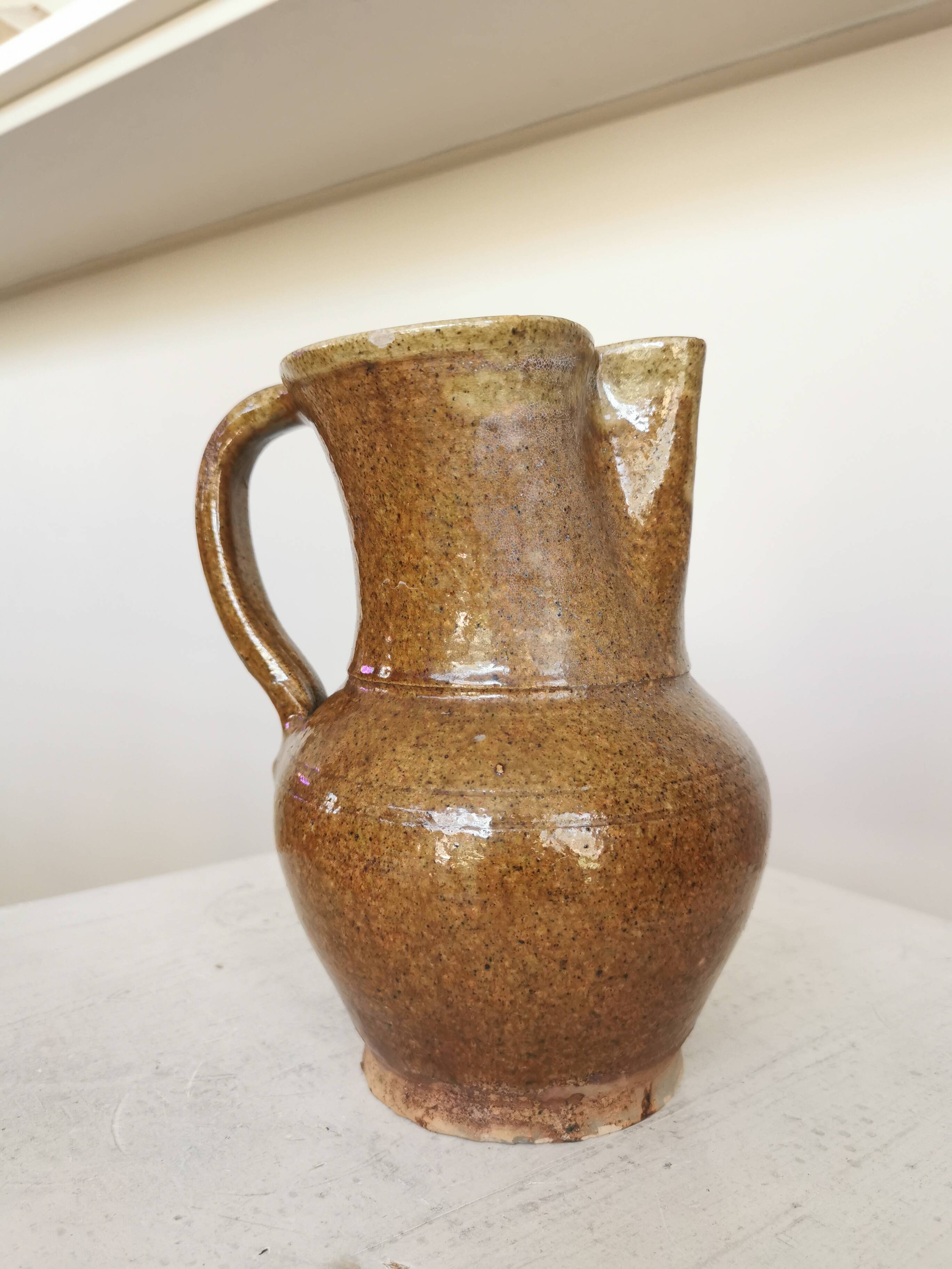 Vintage Studio Pottery Owl Pitcher: Speckled Glaze Stoneware Vase