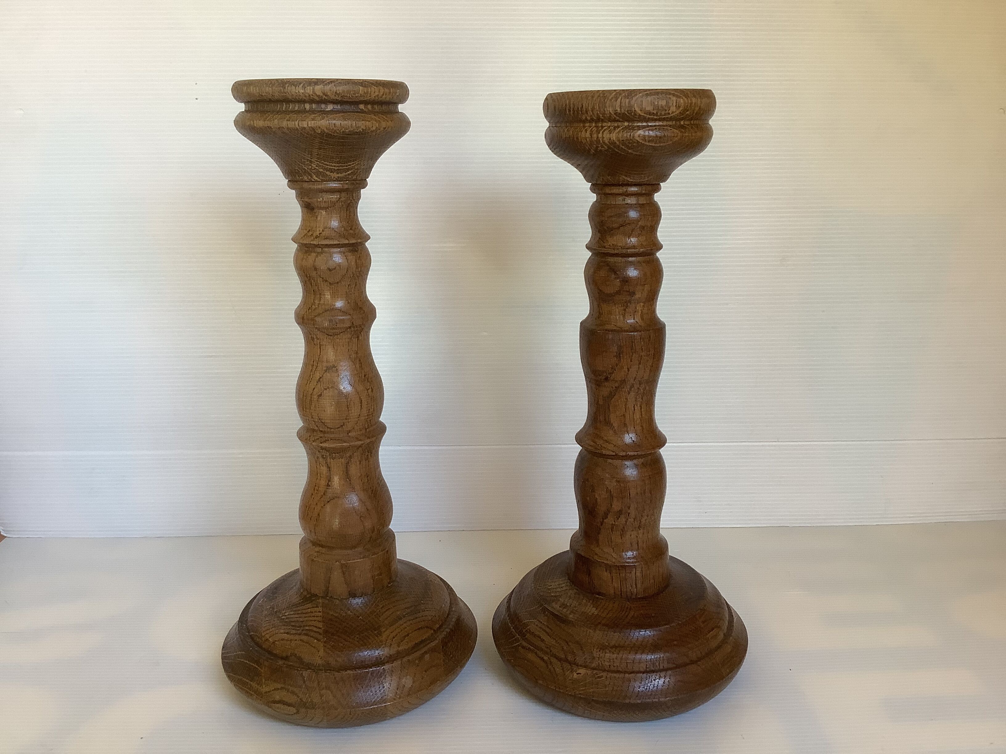 Pair old large wooden candle holders brutalist