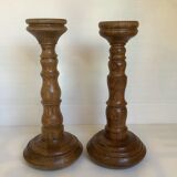 Paire anciens bougeoirs en bois brutaliste