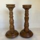 Pair old large wooden candle holders brutalist