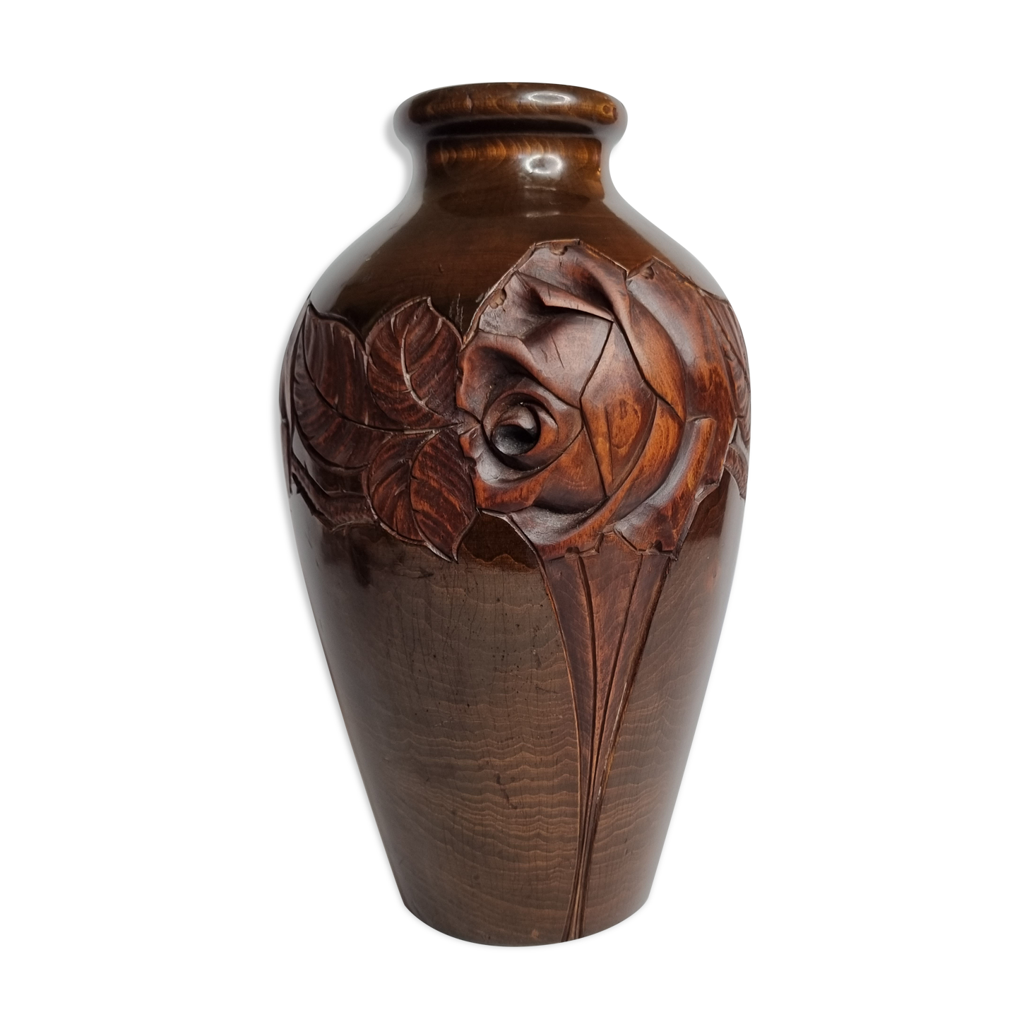 Decorative vase in turned and carved wood, signed "C. Léal", 30 cm