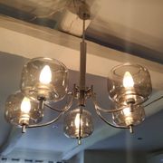 70s chandelier, smoked glass globe, 5 lights