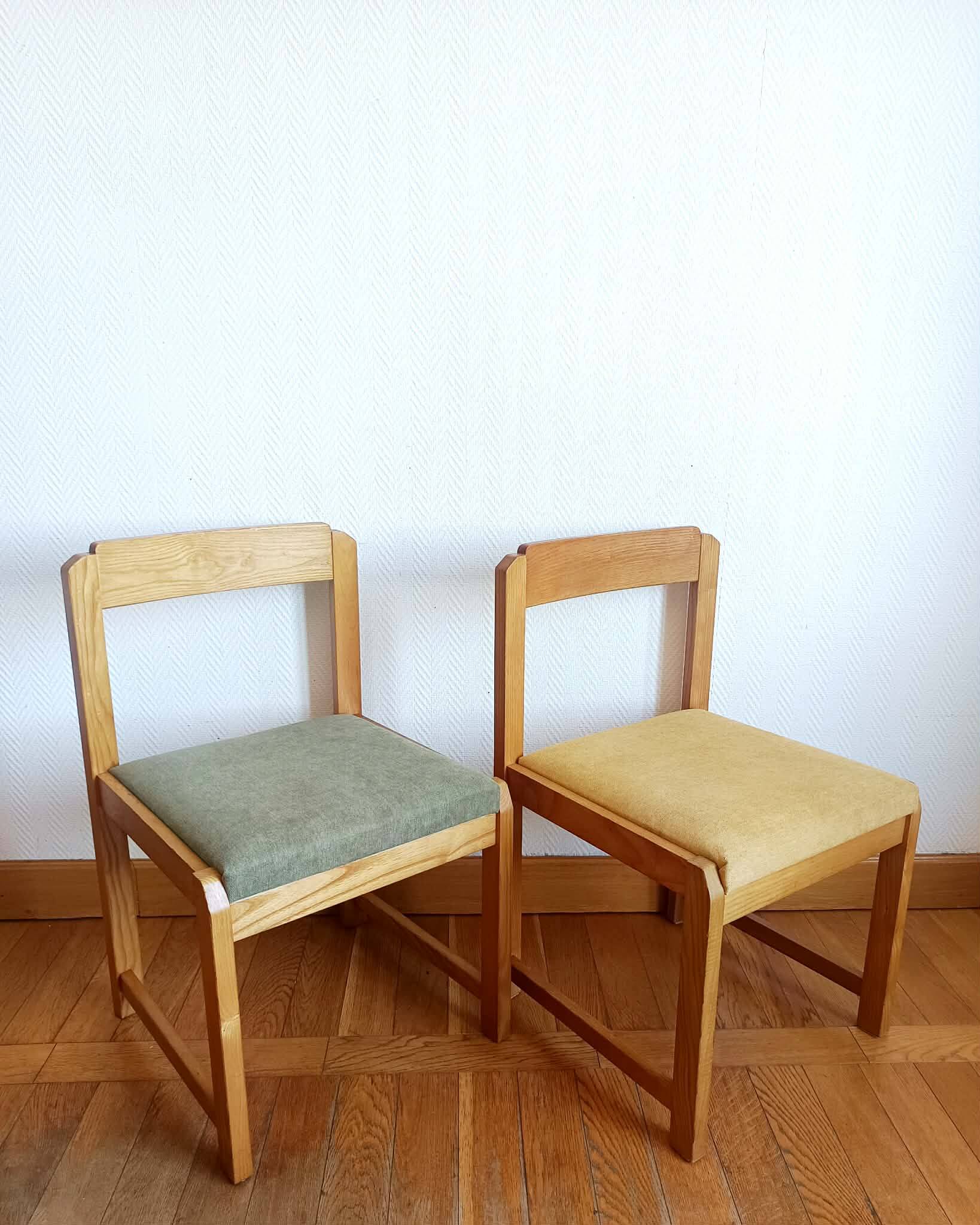 Six Scandinavian style chairs in elm and fabric.