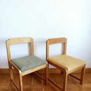 Six Scandinavian style chairs in elm and fabric.