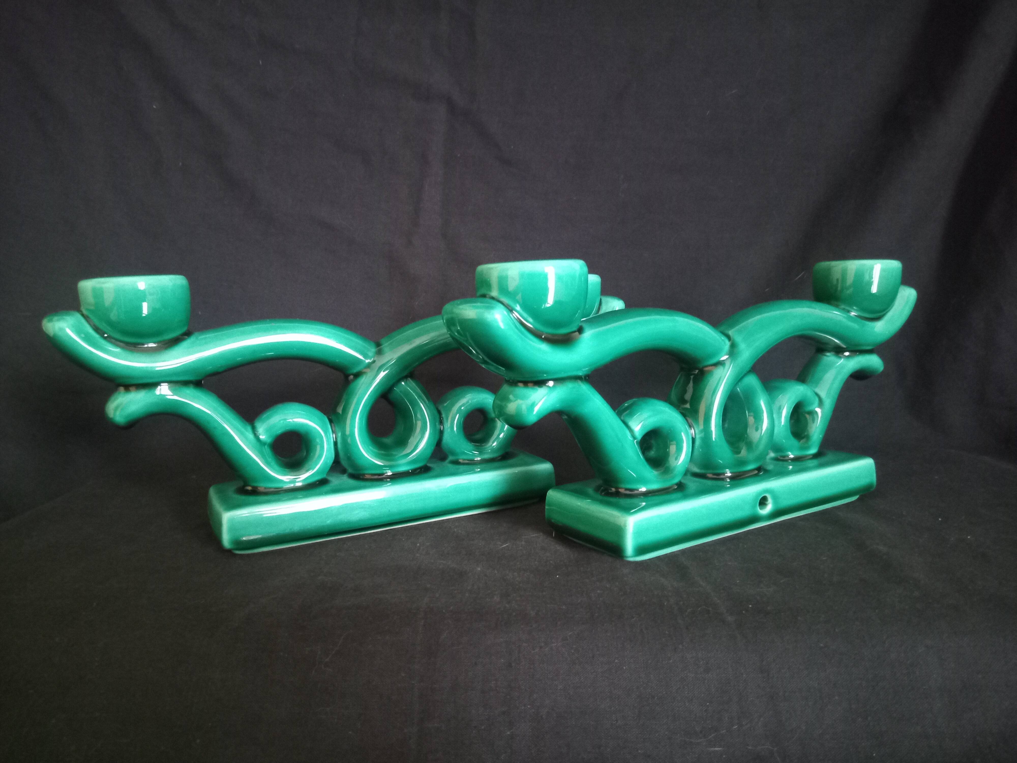 Pair of two-arm ceramic candle holders from Vallauris