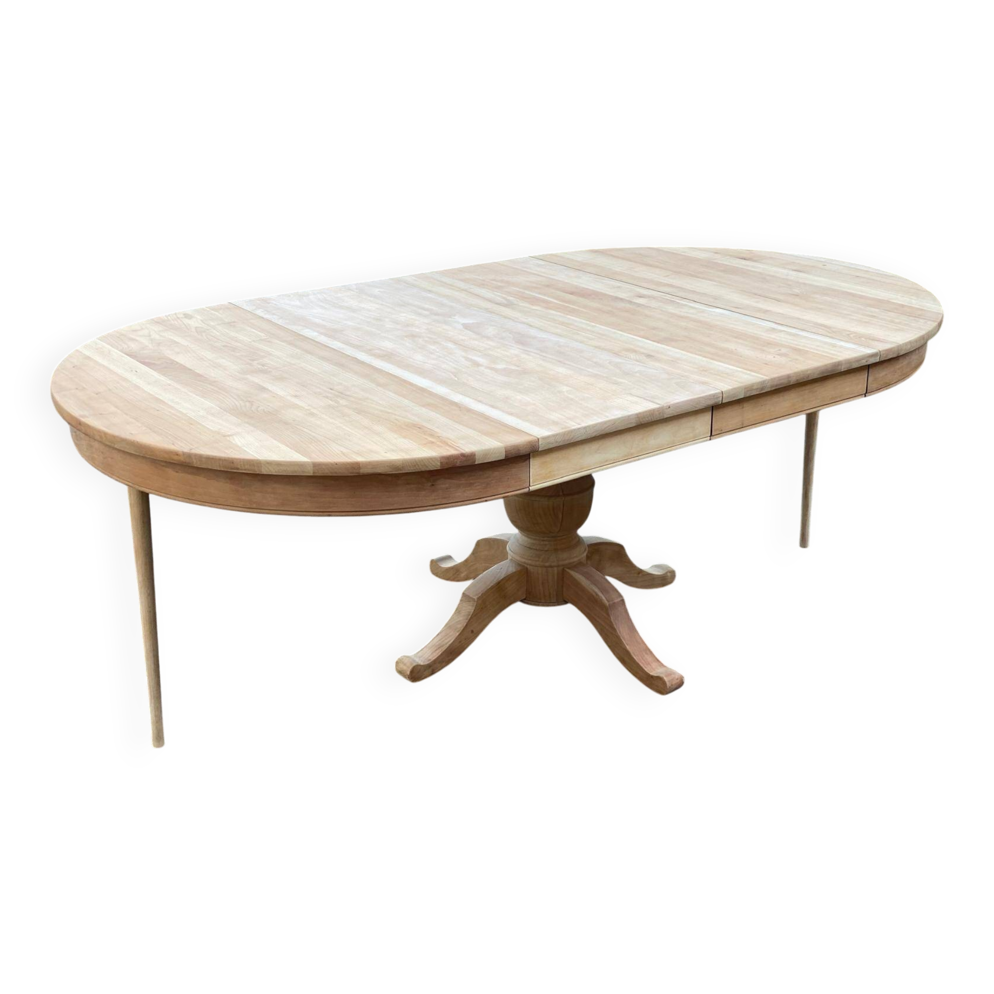 Extendable round dining table with central leg, renovated in raw oak, 210cm