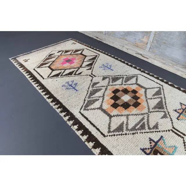 Vintage Turkish Oushak Handmade Wool Cotton White Runner Rug 81x363