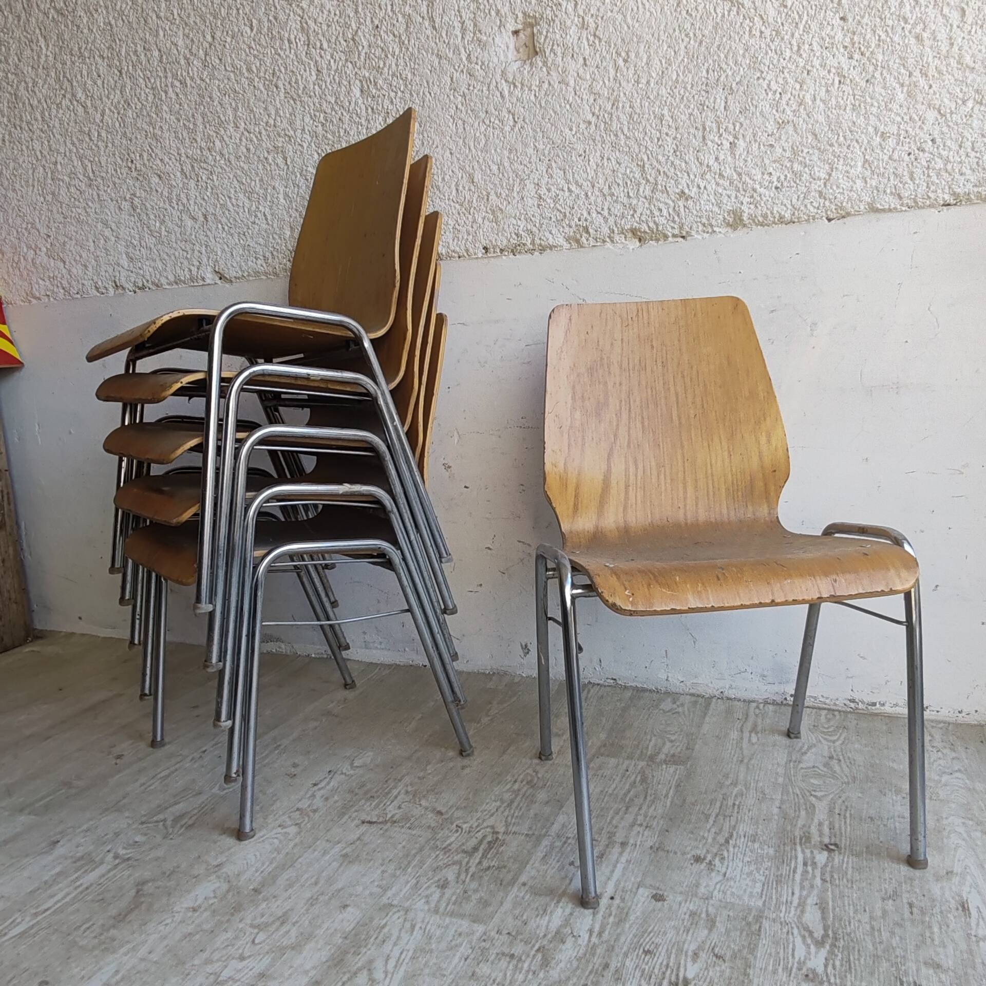 Set of 6 Vintage Bentwood Stacking Chairs Chrome Frame Mid Century