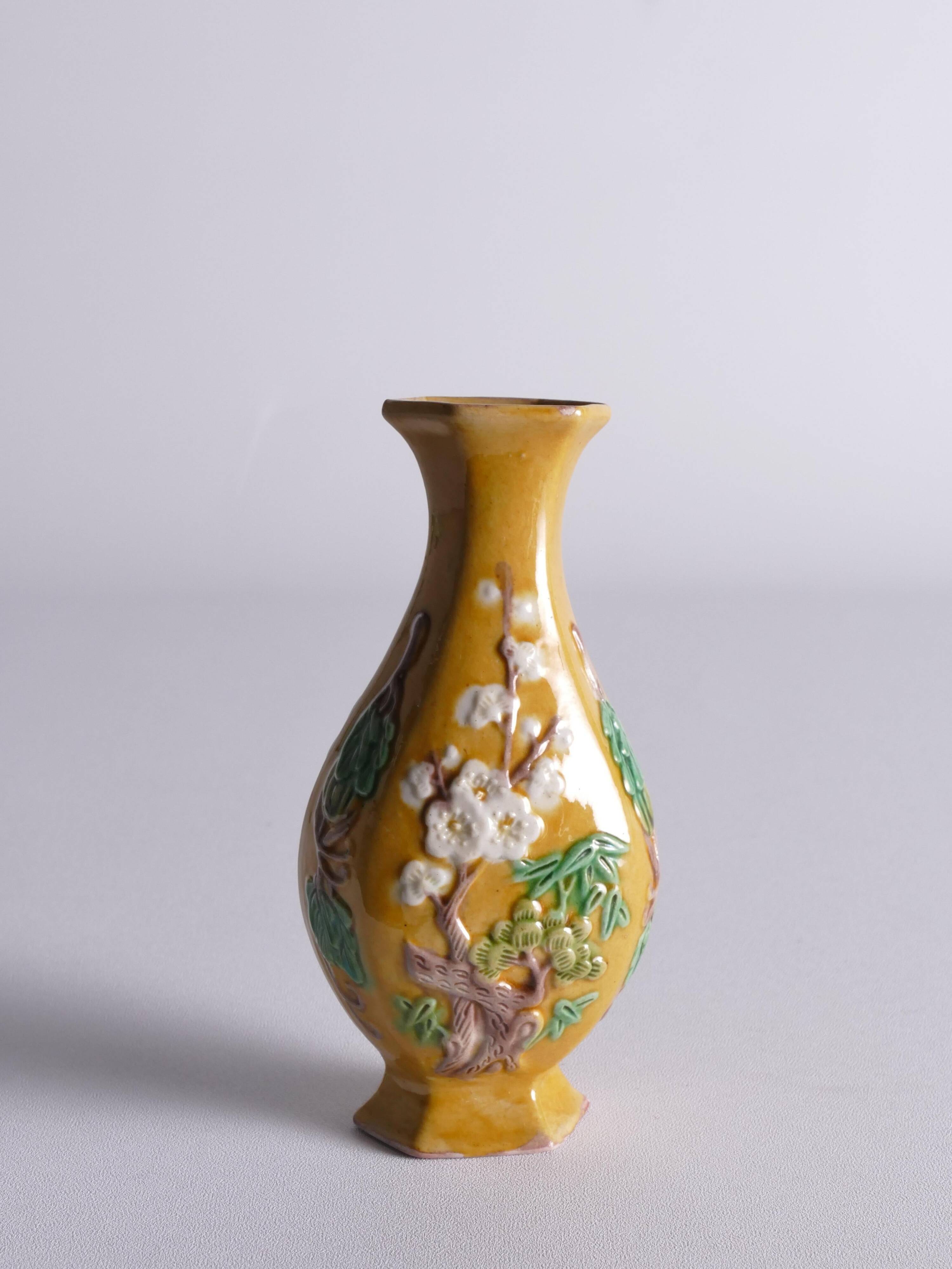 Chinese Yellow Glazed Hexagonal Relief Porcelain Vase with Prunus Motif