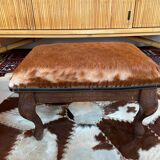 Vintage wooden and goatskin pouf