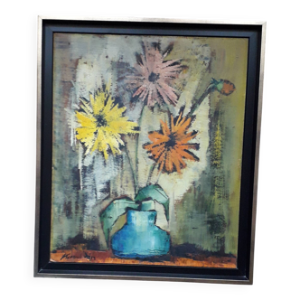 Antique oil painting depicting a bouquet of flowers