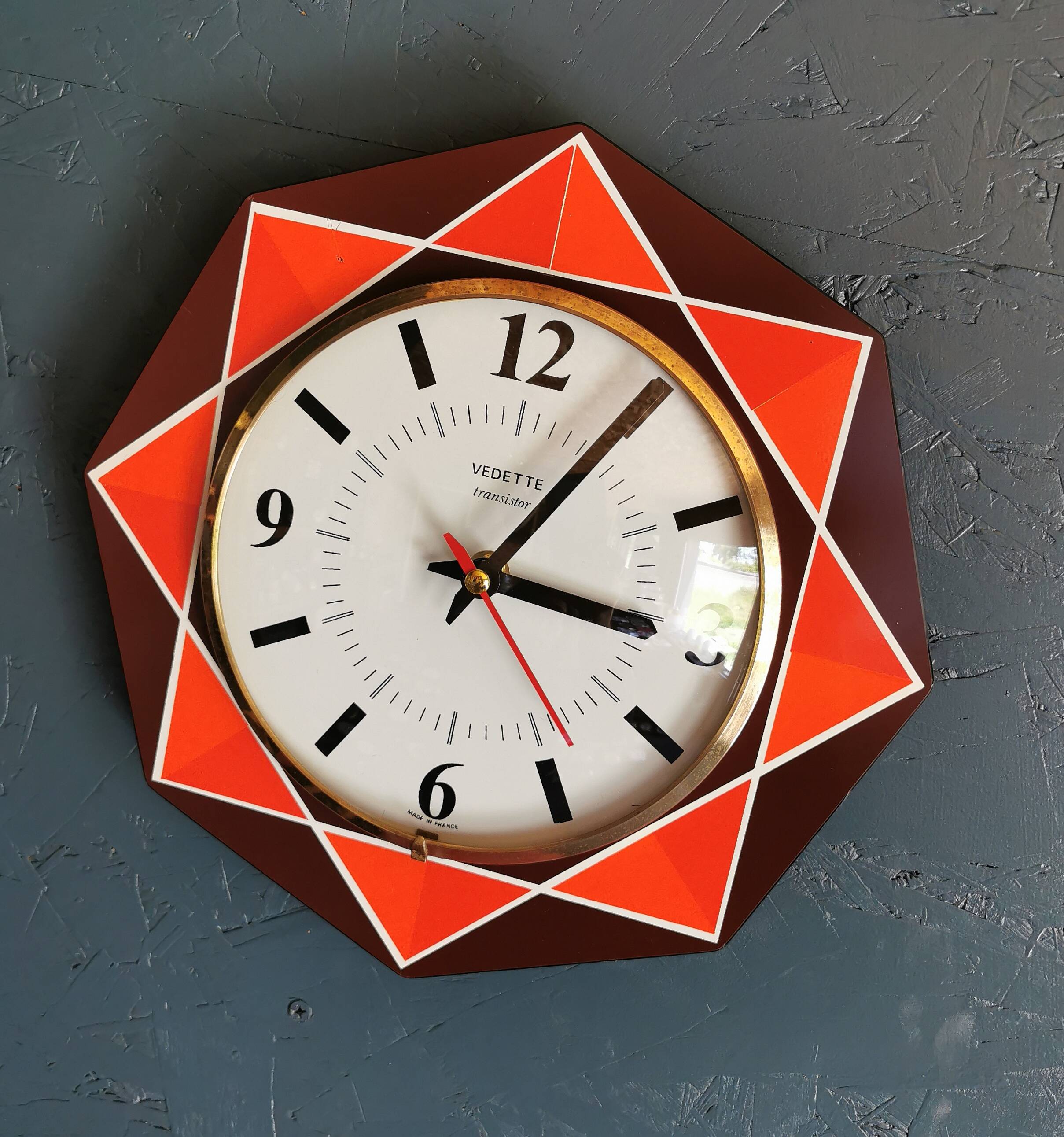 Vintage formica clock silent octagonal wall pendulum "Star chocolate orange"
