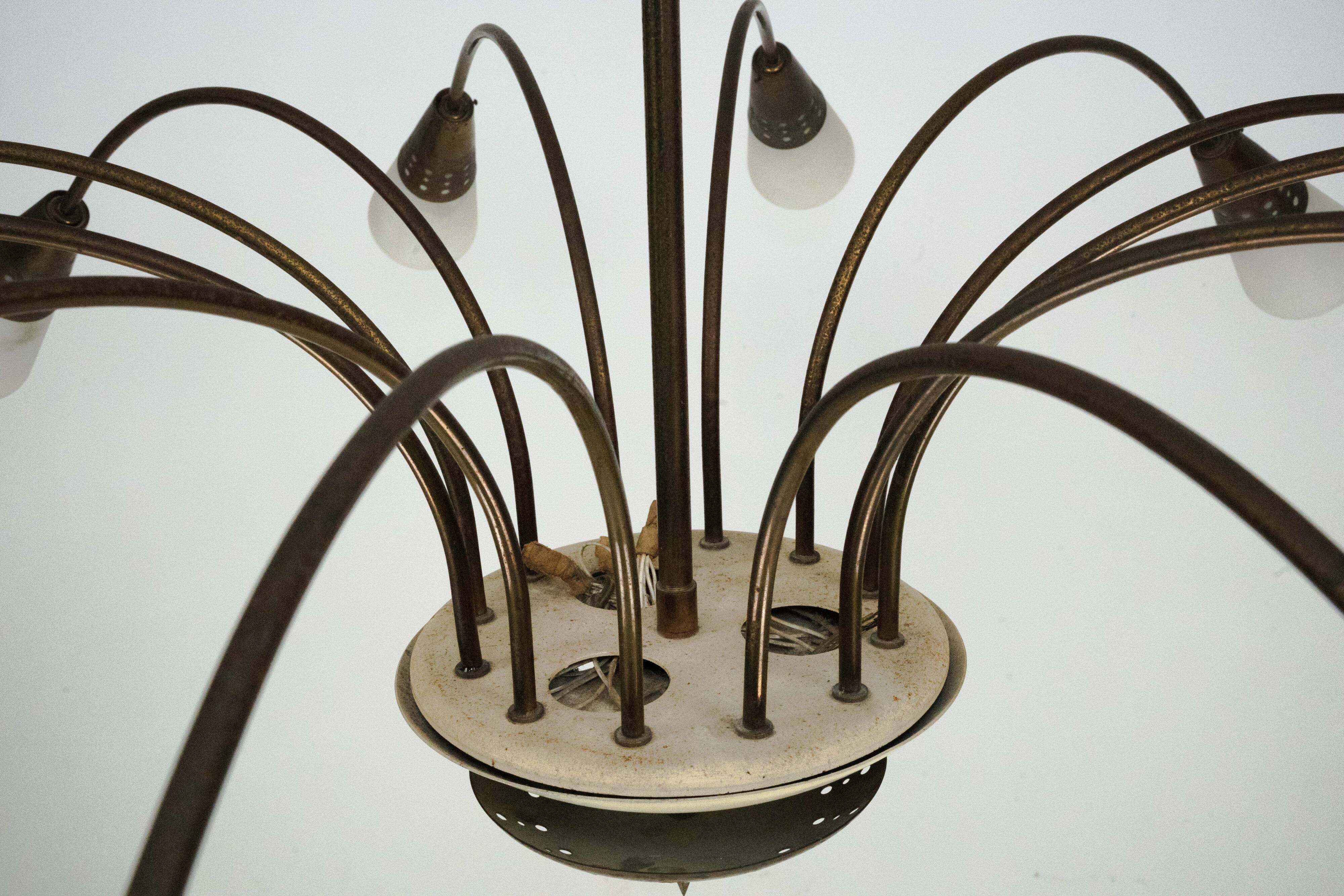 Large Italian Mid-Century Sputnik Brass Chandelier with Satin Glass, 1950s