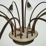 Large Italian Mid-Century Sputnik Brass Chandelier with Satin Glass, 1950s