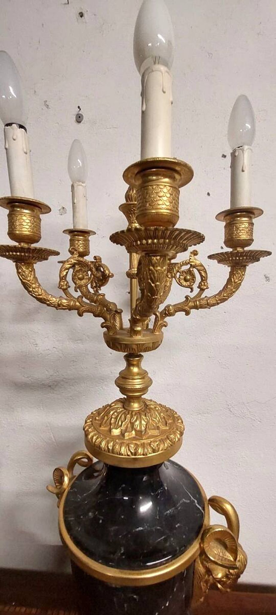 Antique Lumi pair of large marble and mercury-gilt bronze candelabras