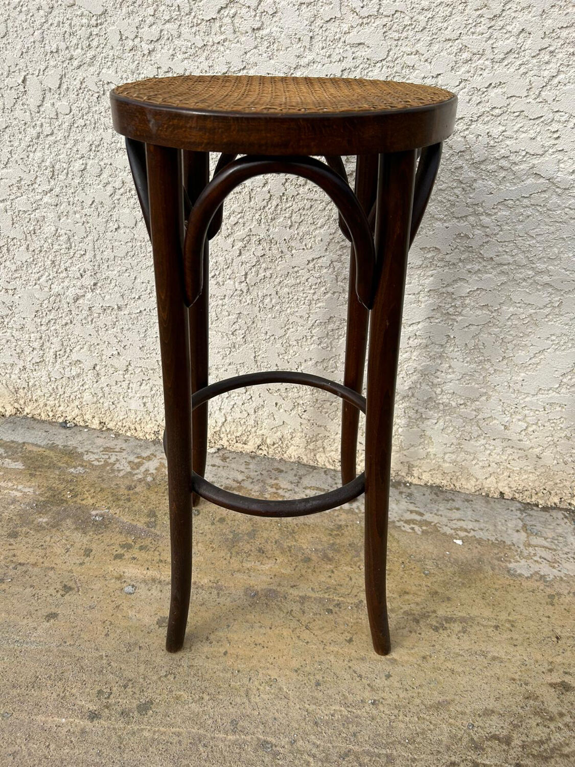 Tabouret de bar vintage en bois & cannage