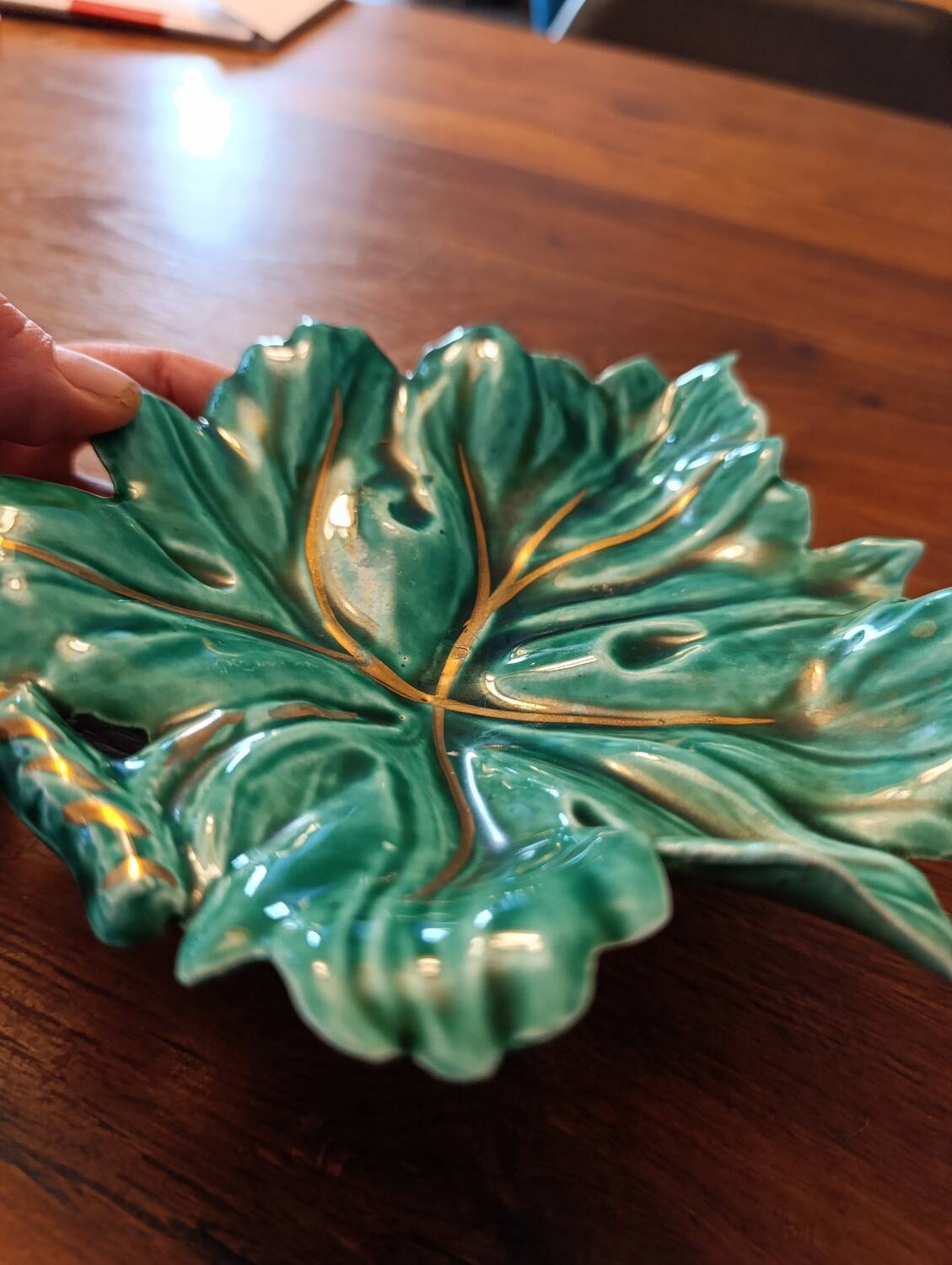 Vintage Digoin Barbotine Grape Leaf Trinket Dish