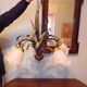 Chandelier of 5 corollas in white granite glass, central decoration with foliage 70s /80s