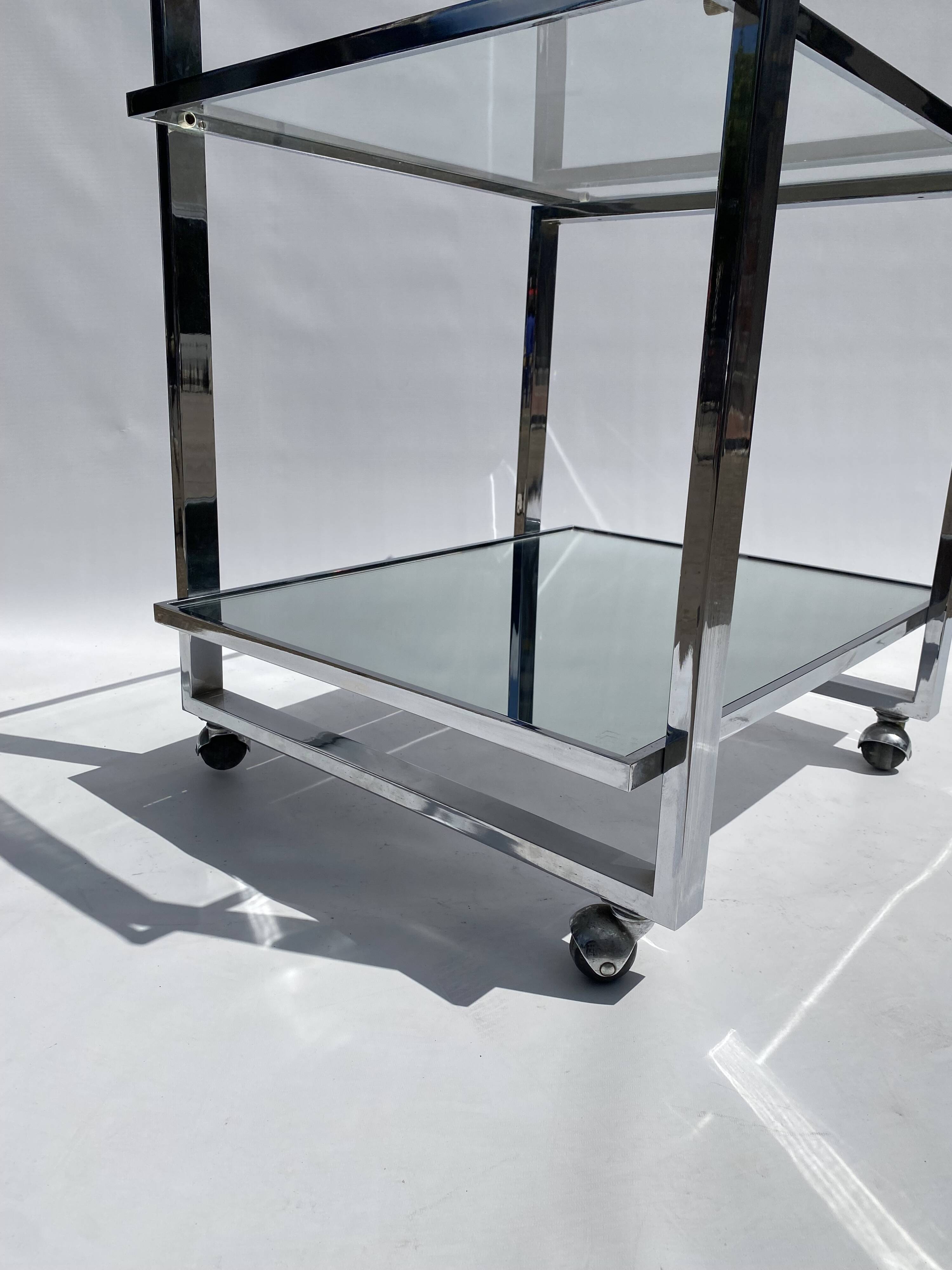 Romeo Rega Chrome 1970s Square Drinks Bar Cart Trolley Table Glass Mirror