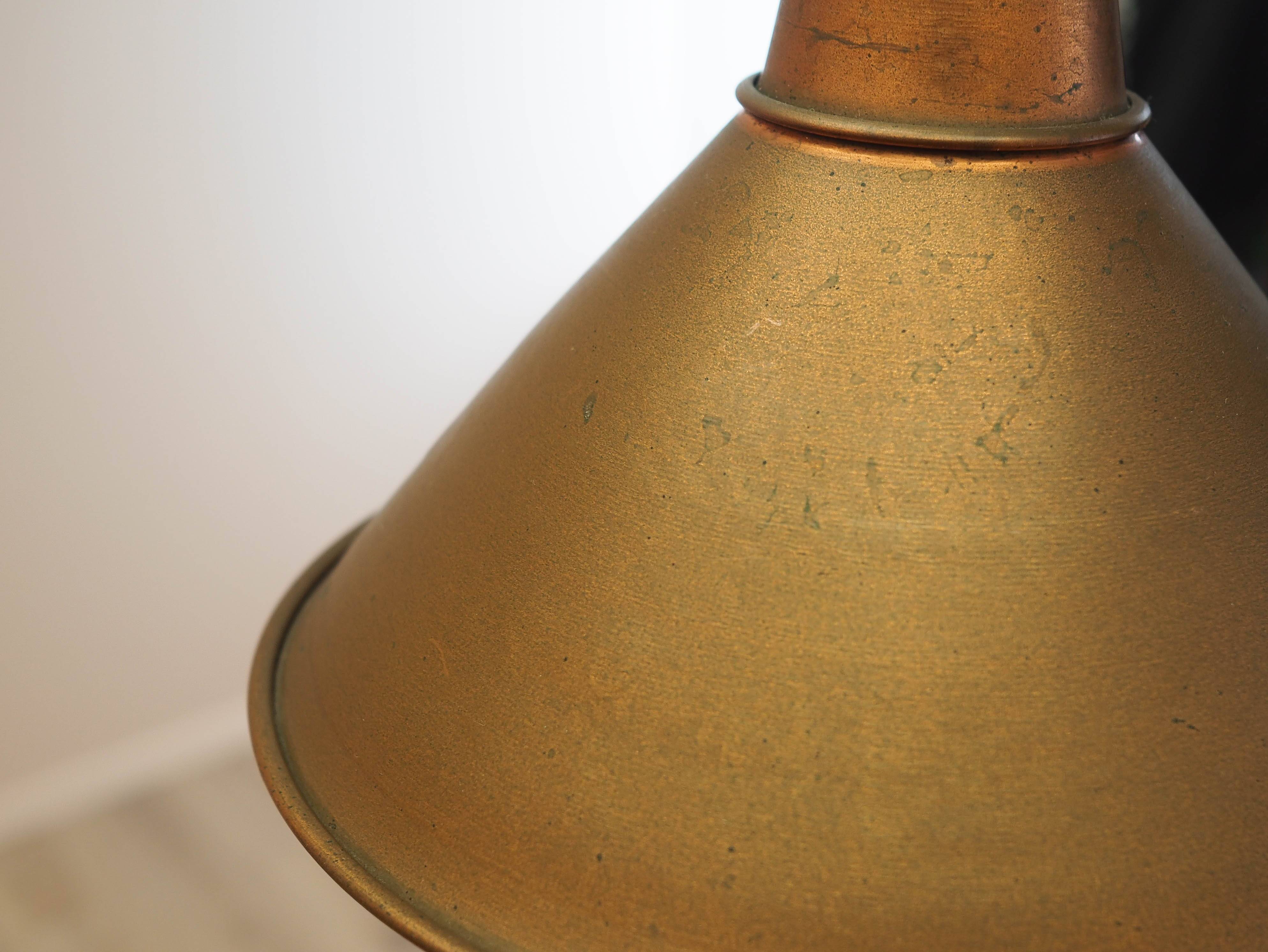 Danish Brass Pendant Lamp, Industrial Cone Shade, 1960s