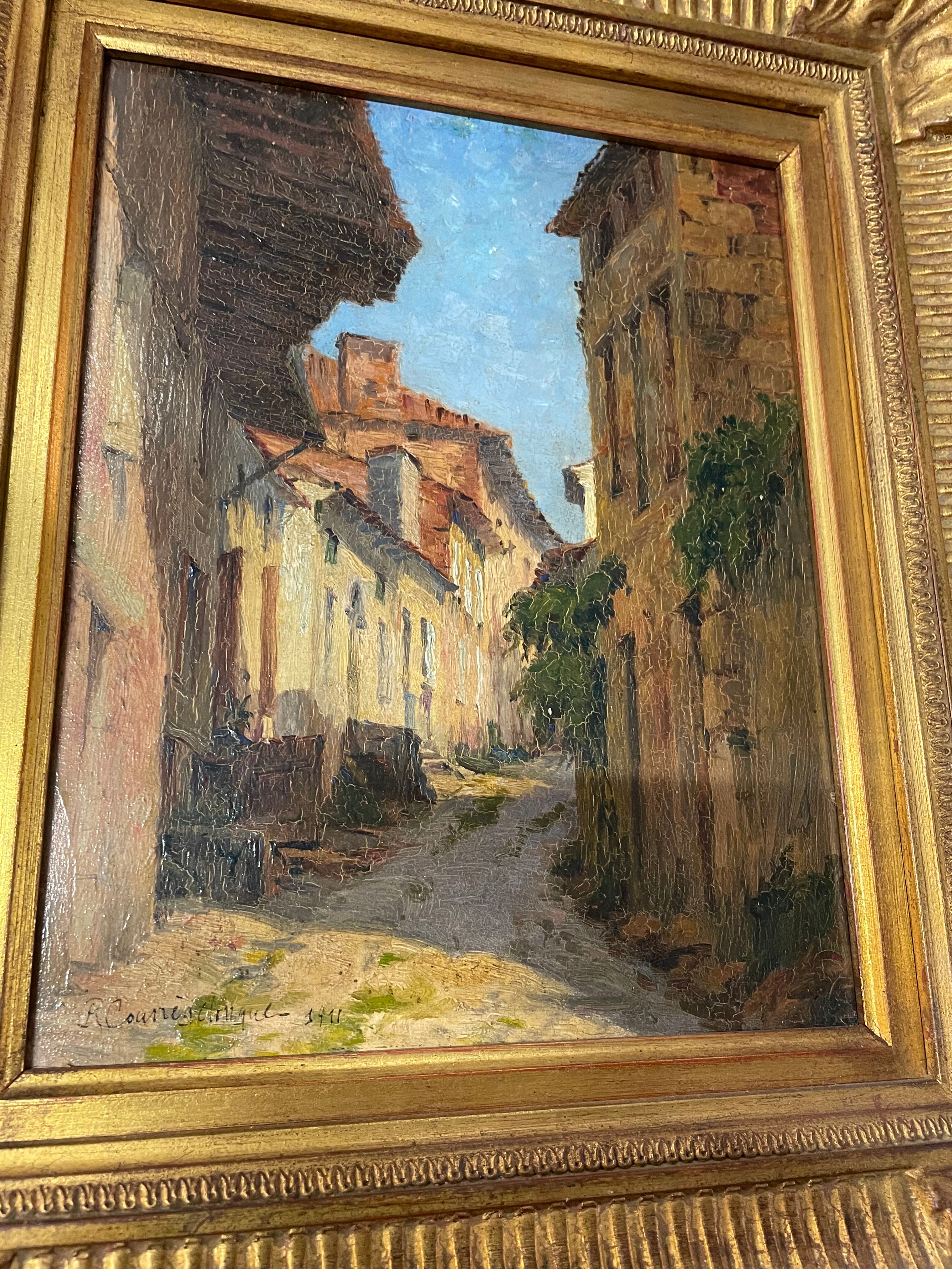 Oil on panel of courregelongue old picturesque street
