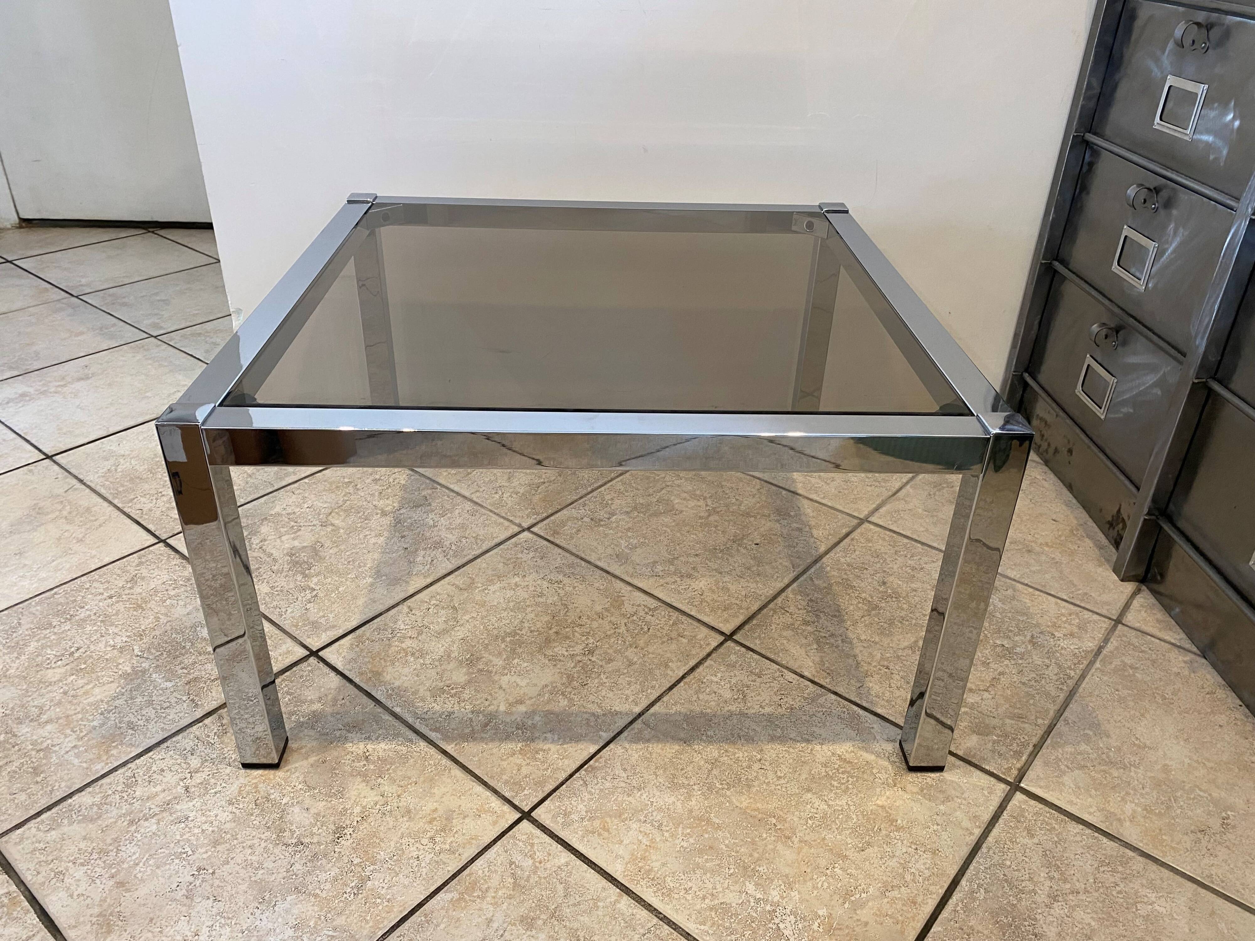Square coffee table with smoked glass top and chrome base an70