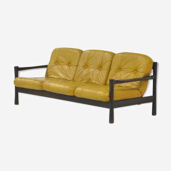 Canapé vintage du milieu du siècle avec cadre en bois sombre et coussins en cuir, années 1960-1970