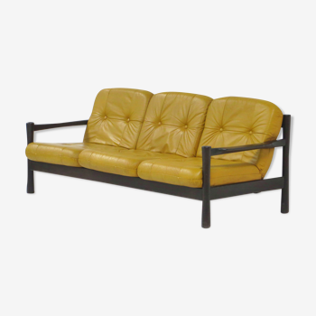 Vintage retro mid century sofa with dark wooden frame and leather cushions, 1960s-1970s
