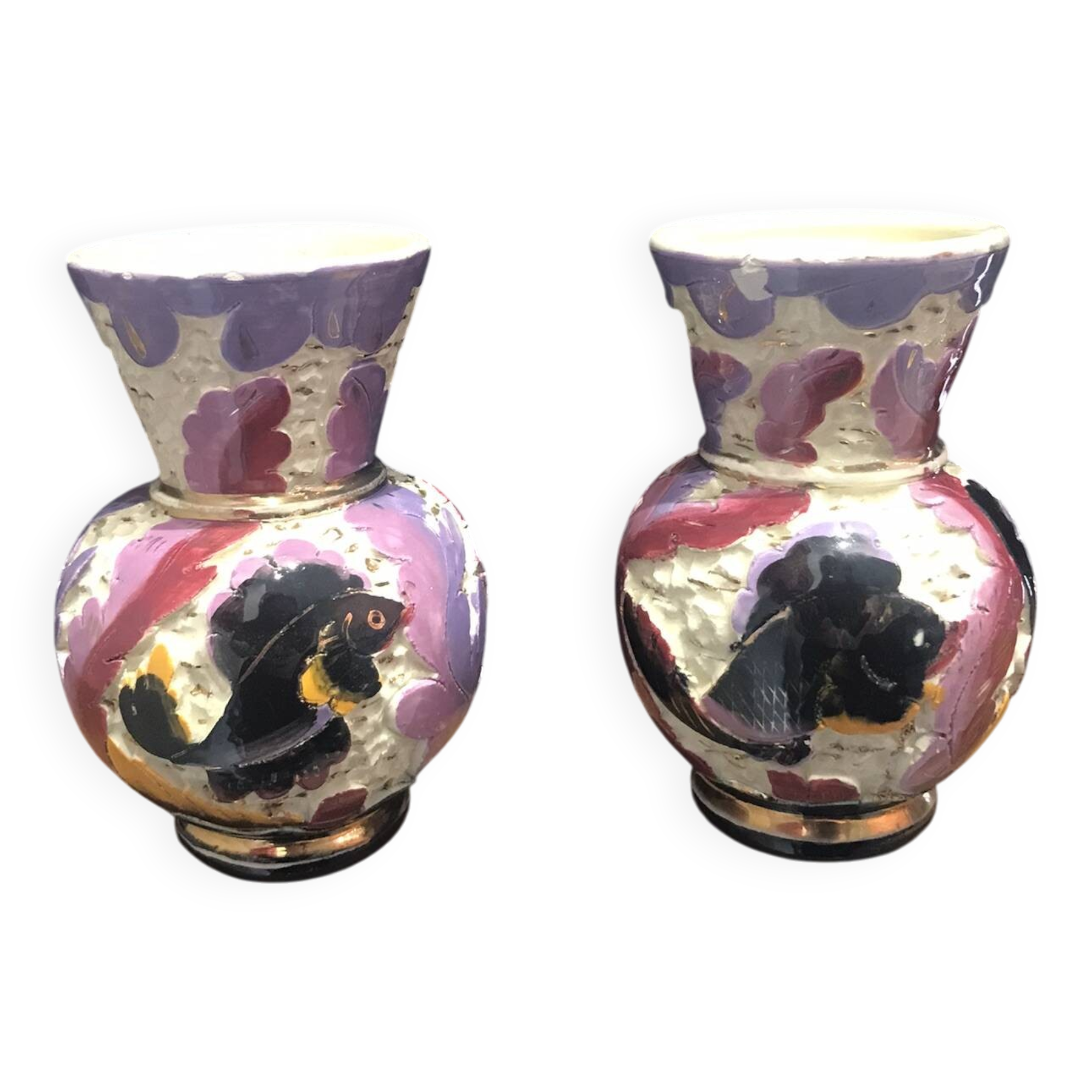set of 2 small vintage ceramic vases from Monaco with fish decoration