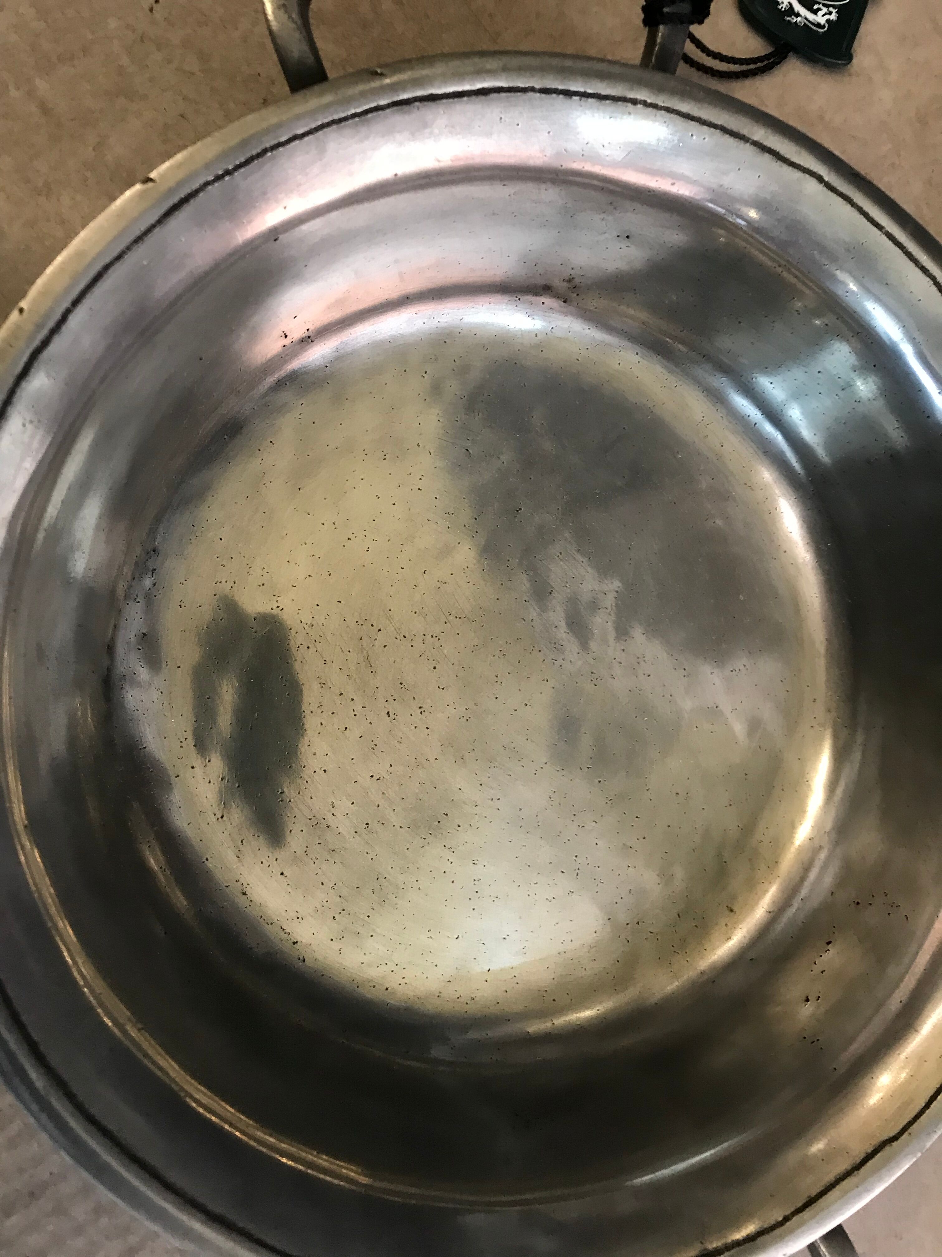 Patinated pewter dish brand pink design cut with handles 80s