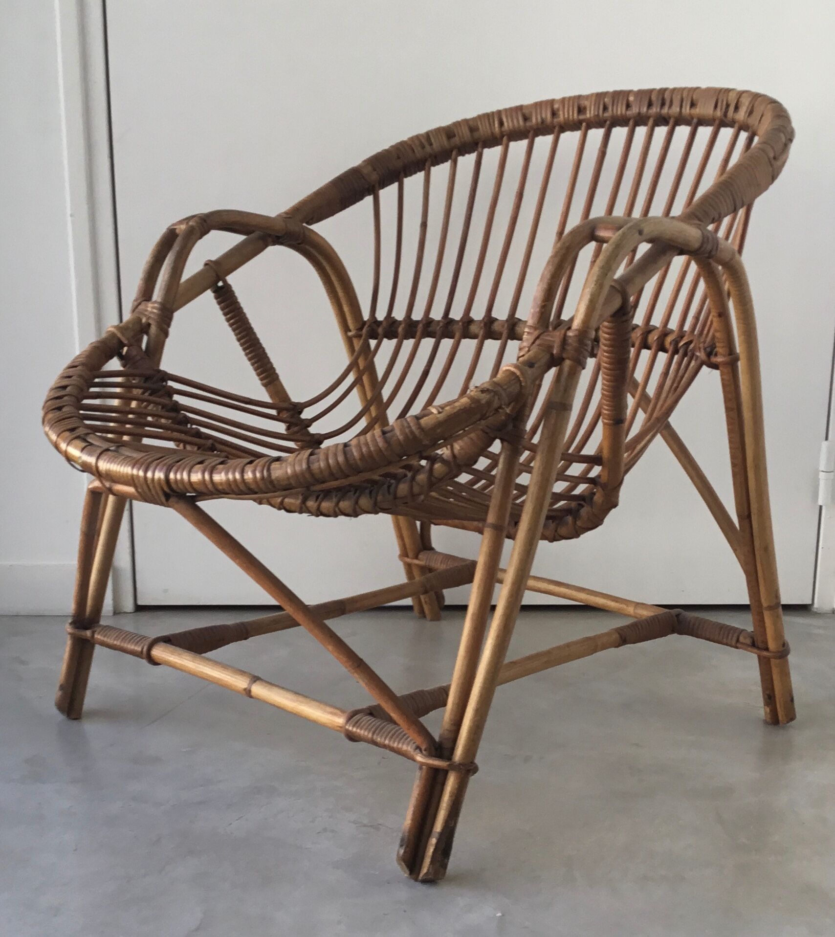 Vintage armchair basket or rattan shell - 1960