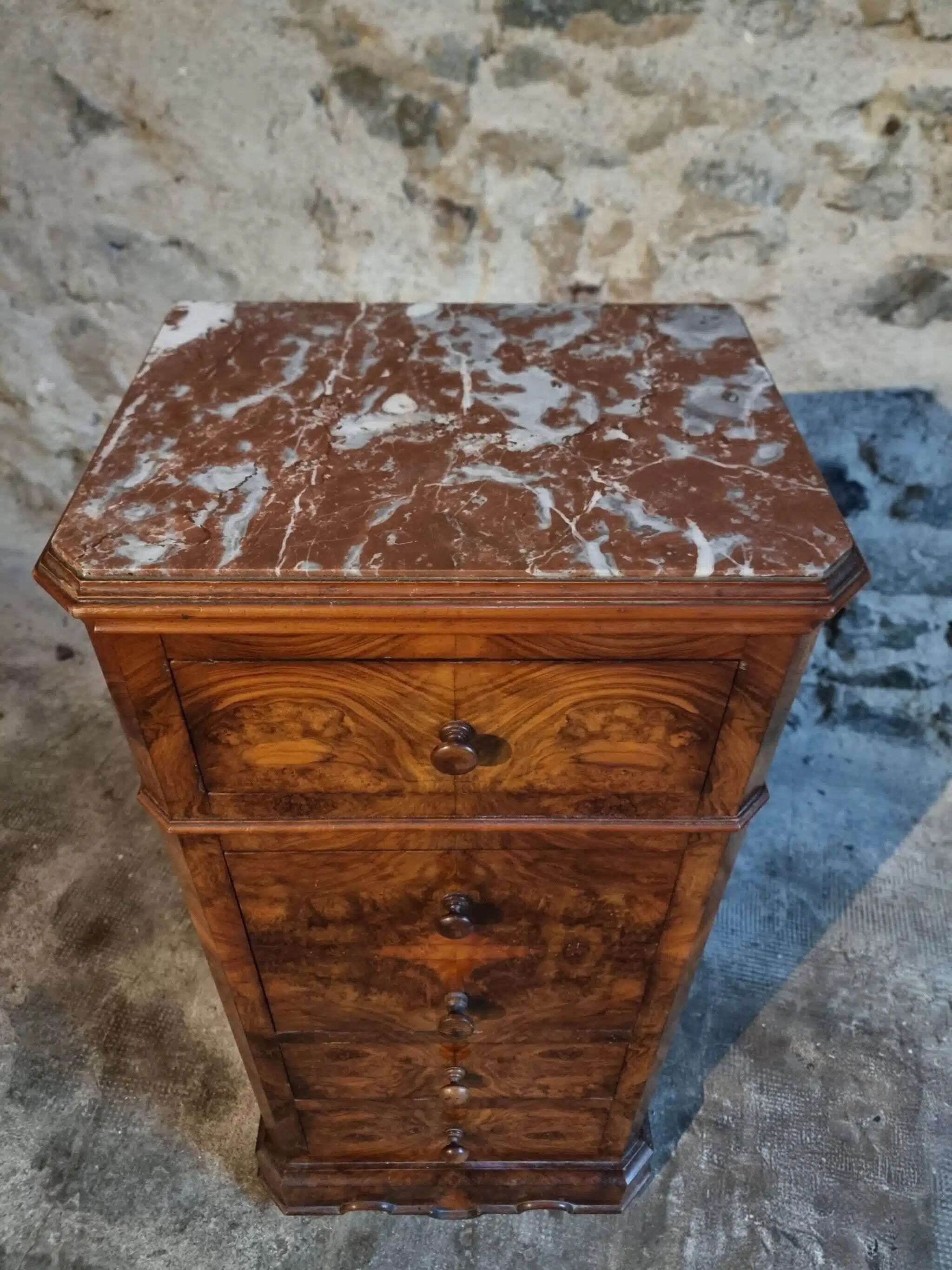 French antique bedside table in oak with walnut burl veneer, circa 1900.