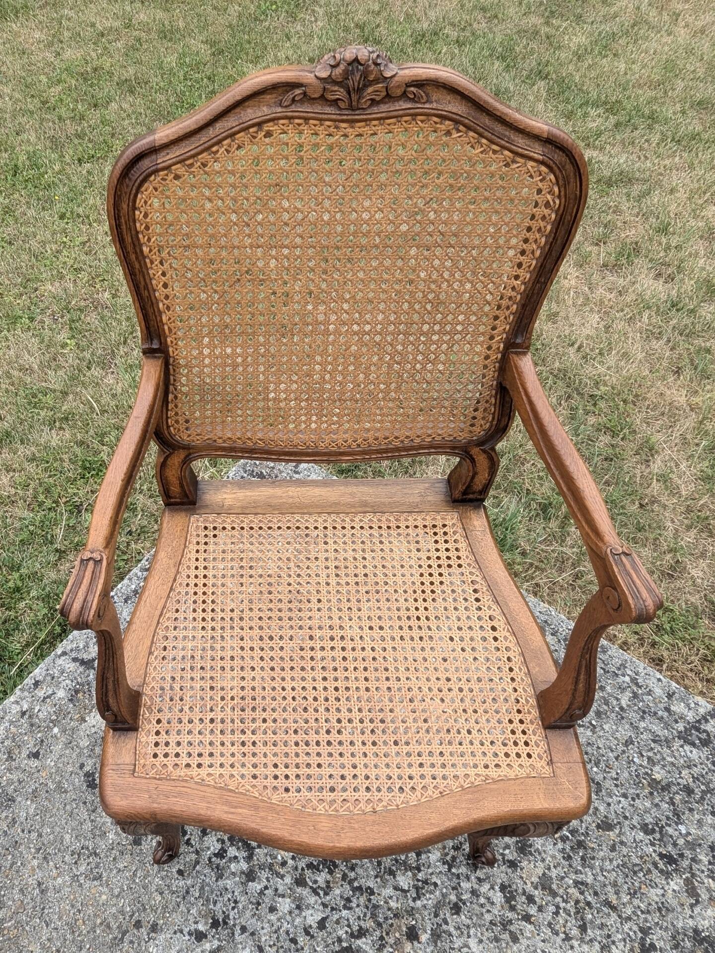 Antique Louis XV Style Armchair 20th Century Oak Caning Office Living Room