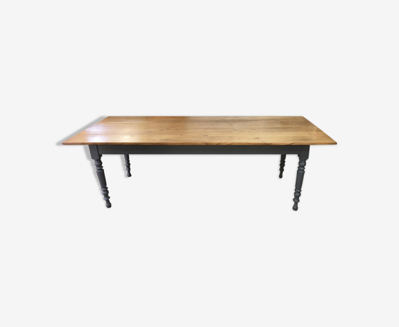 Table de ferme 2m50 pied tourné peint et plateau ciré