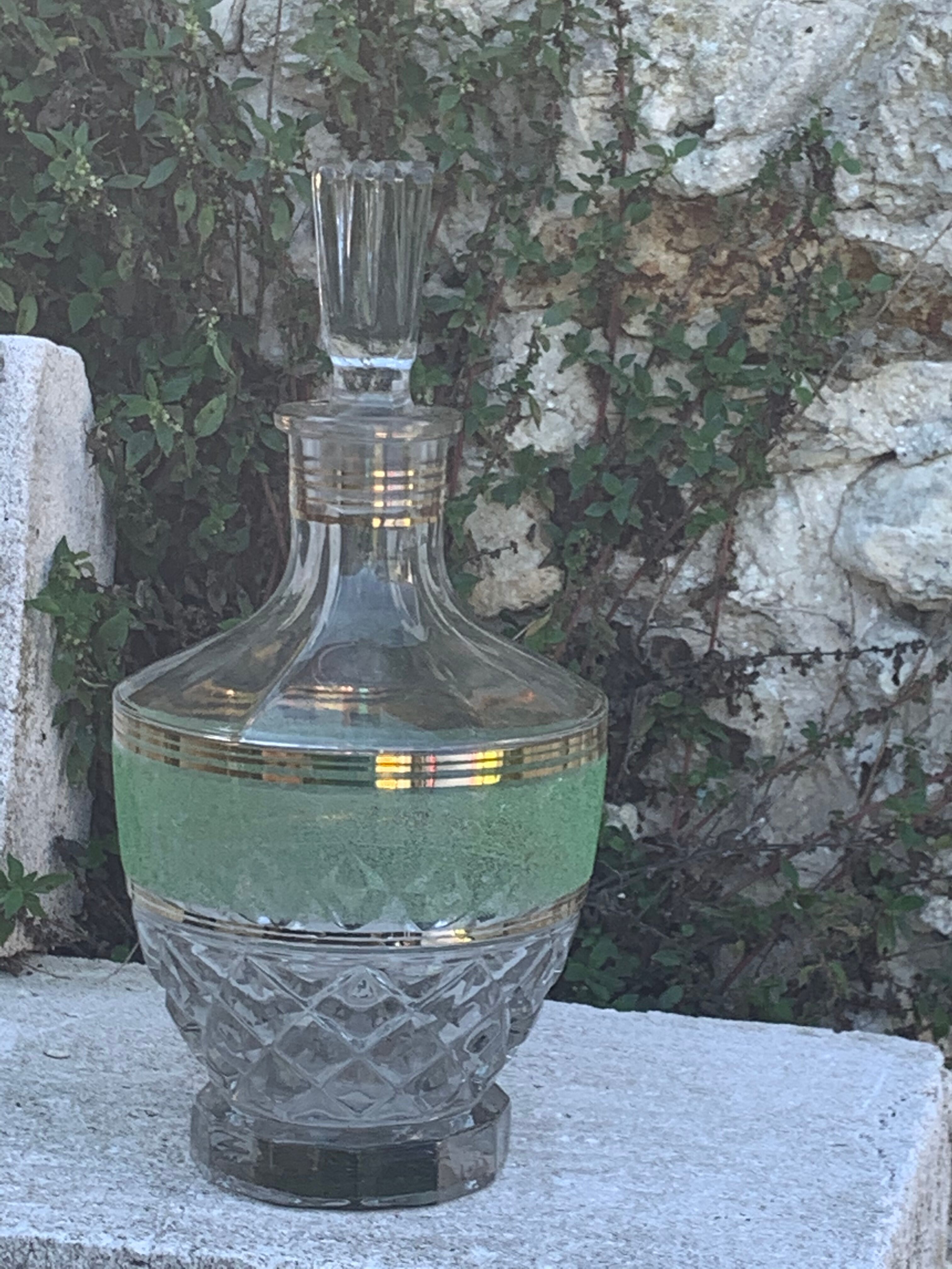 Green glass granite carafe and vintage gold edges 1950