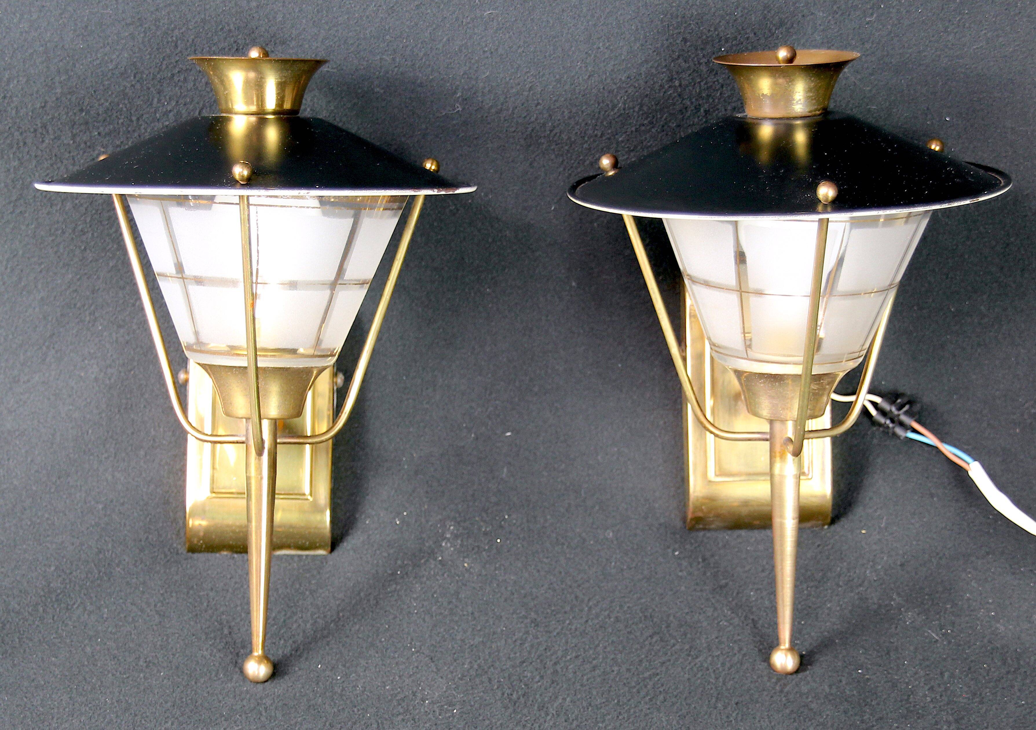 Pair of Sconces or Lanterns, Brass and Glass Maison Lunel, Mid-Century, France