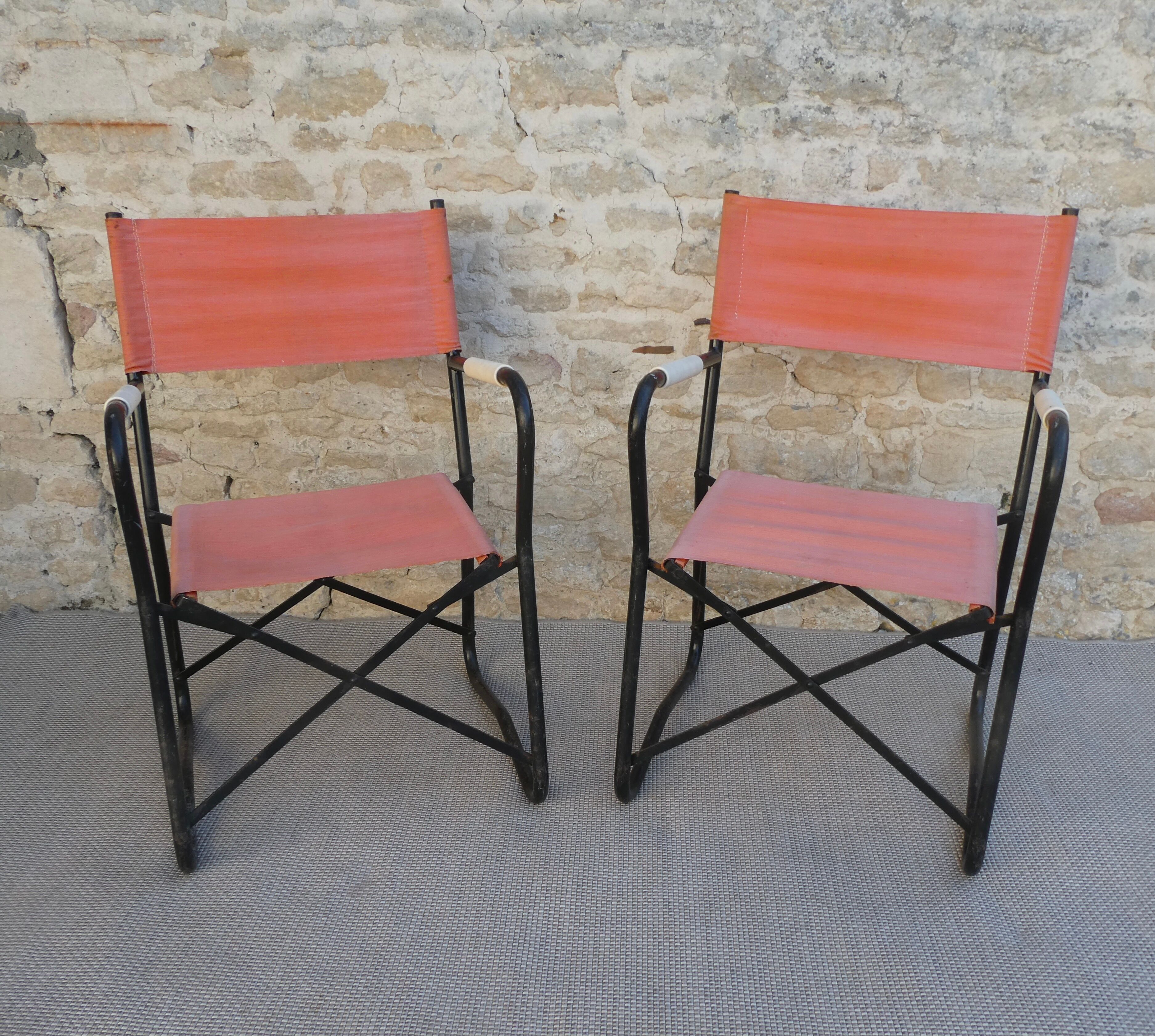 Pair of folding armchairs in metal and fabric 60s