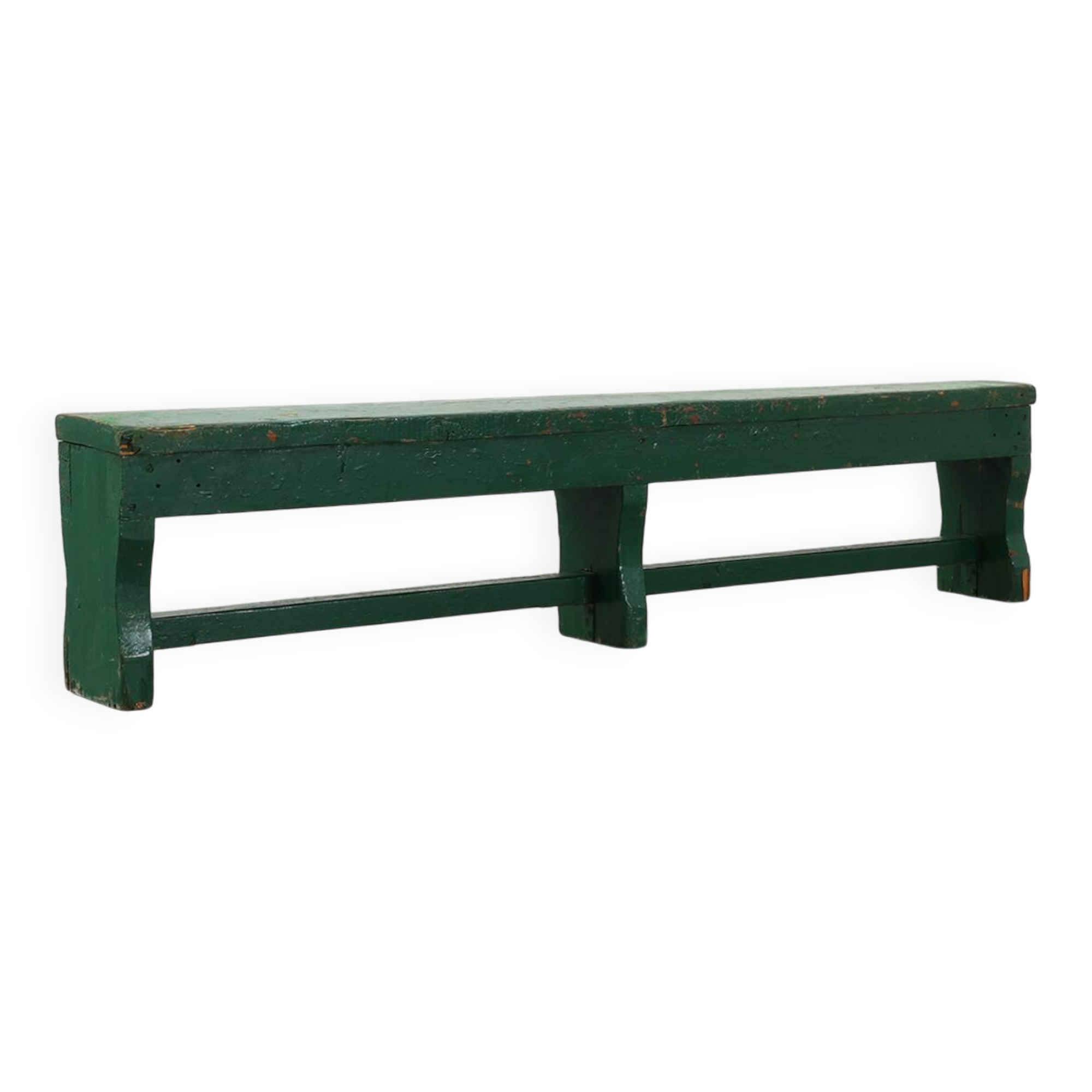 Rustic primitive green farmhouse bench in solid oak, France ca. 1900