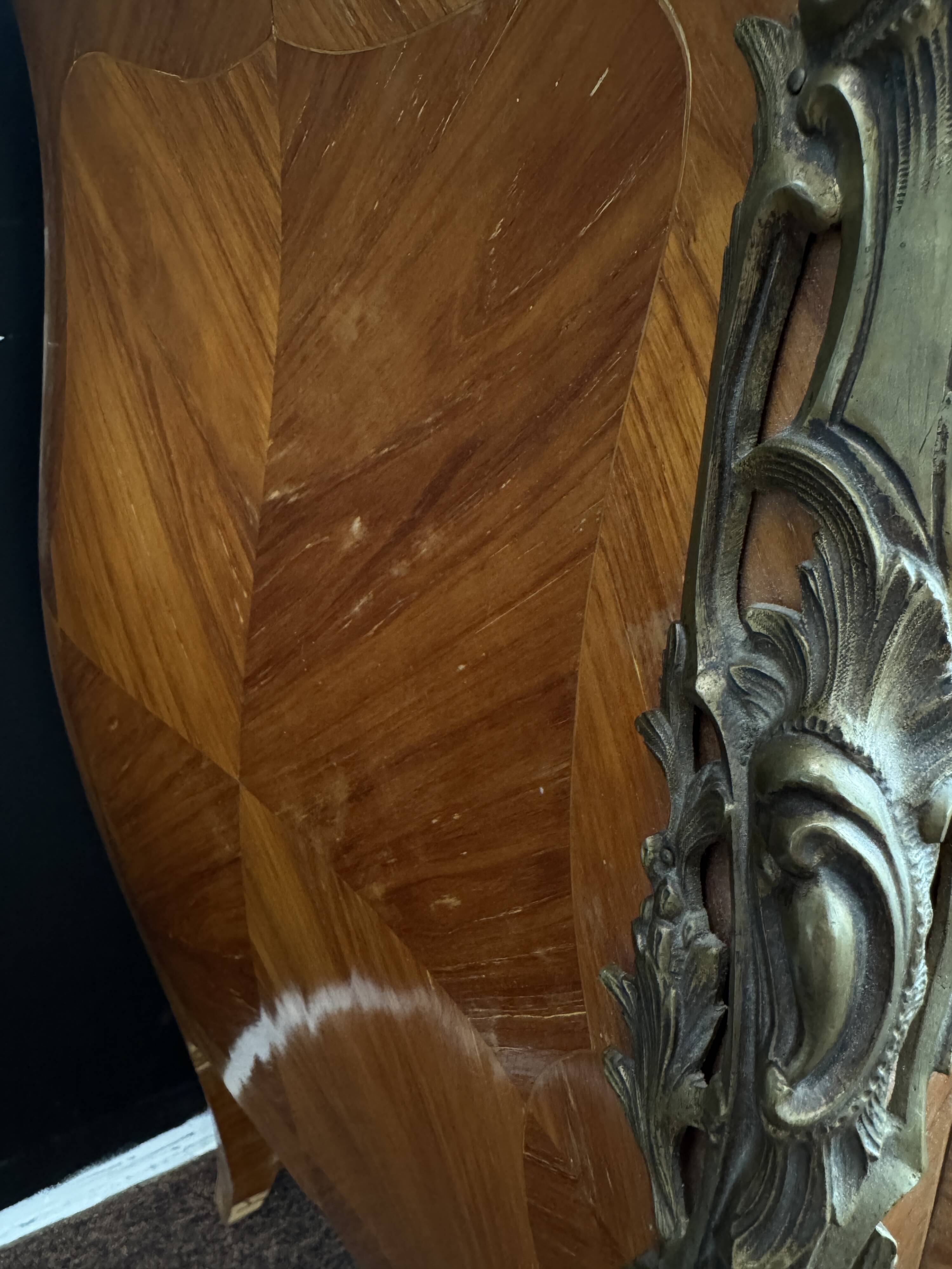 Bordeaux inlaid chest of drawers with marble and bronze ornament