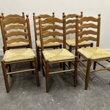 Set of 6 French Provence oak farmhouse country dining chairs with rush seating