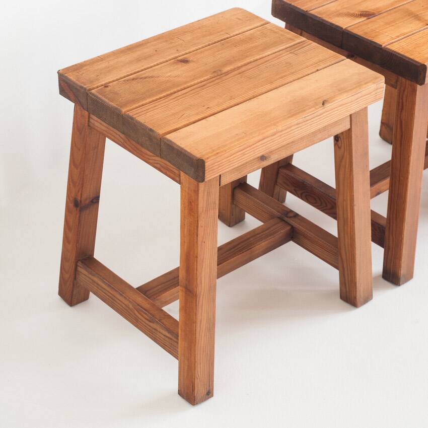 Set of 4 vintage pine stools. France, 1980s