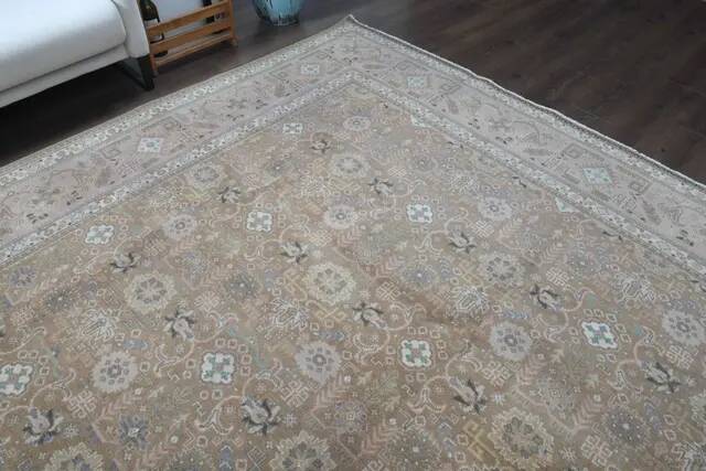 1970s Vintage Persian Handmade Wool Cotton Light Brown Area Rug 290x372