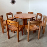 Table set and 8 chairs in solid Scandinavian pine ASKO vintage 80s