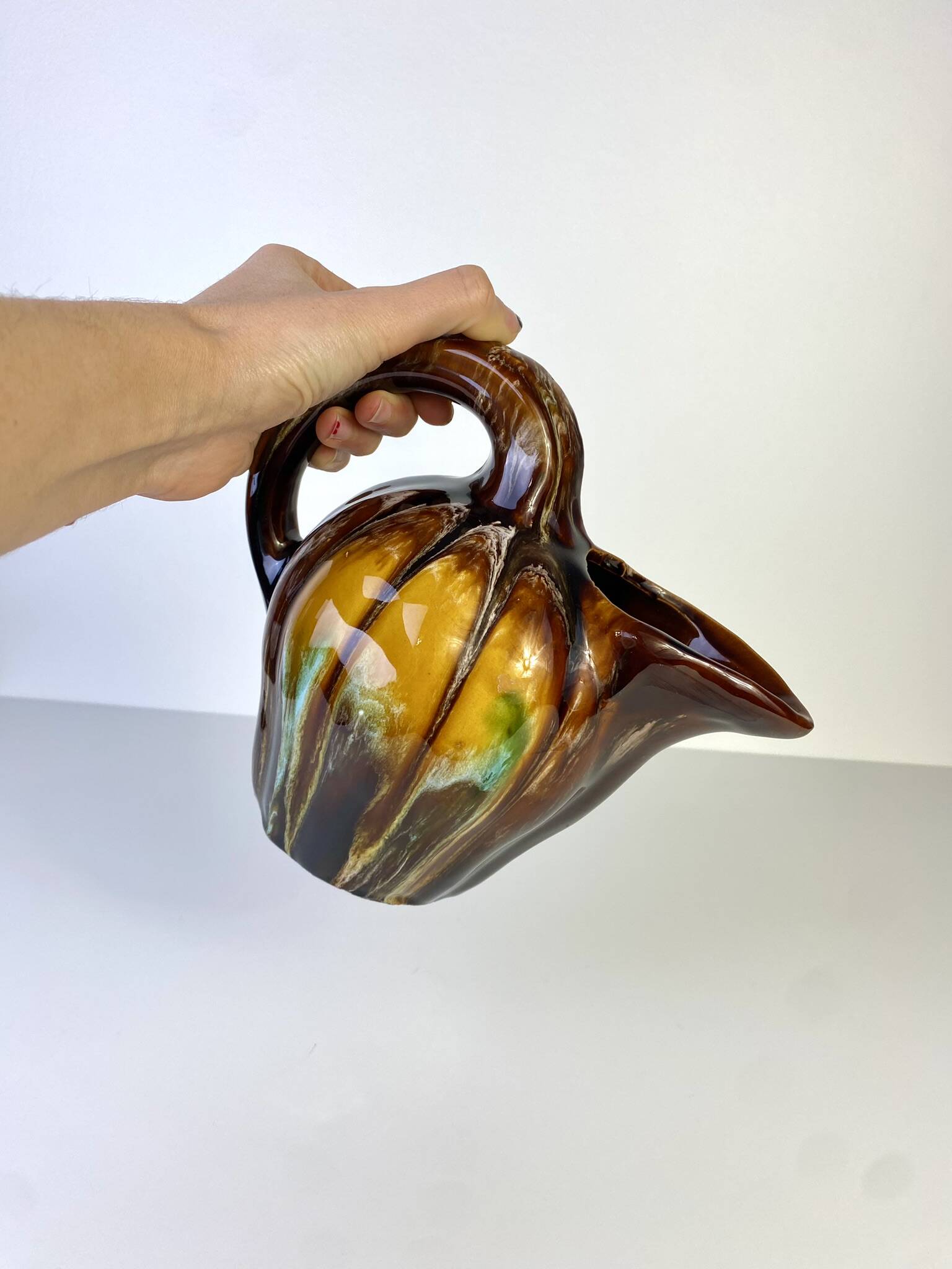 Vallauris pitcher vintage brown yellow squash