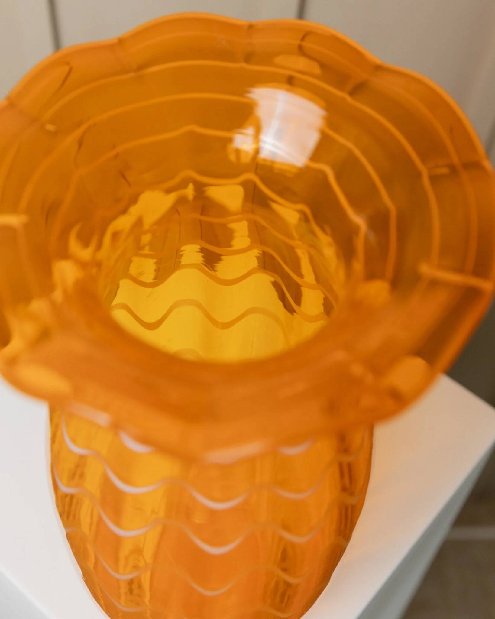 Orange Murano glass vase, XL 34cm, 1970s Italy, white stripes and wavy rim