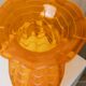 Orange Murano glass vase, XL 34cm, 1970s Italy, white stripes and wavy rim